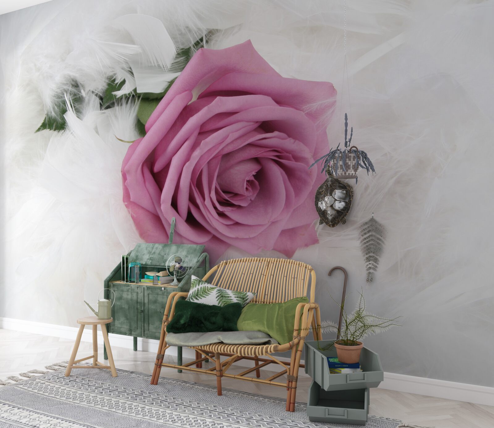 Papier peint rose violette entourée de plumes blanches