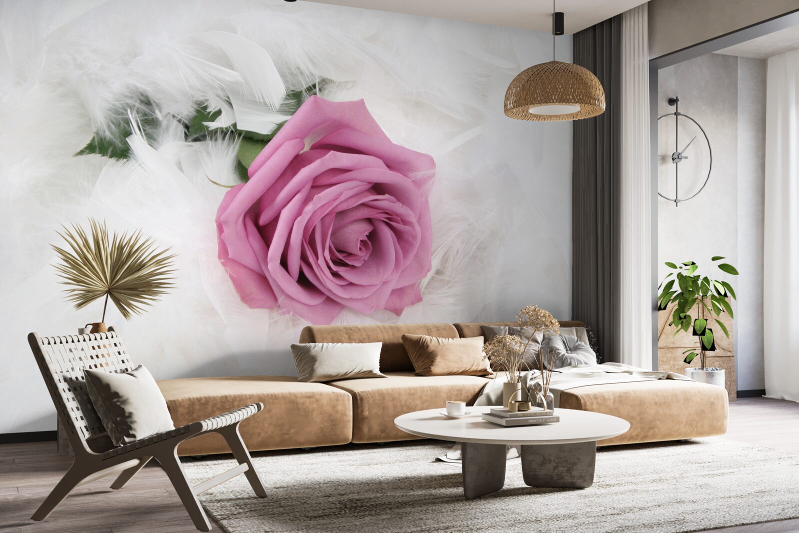 Papier peint rose violette entourée de plumes blanches