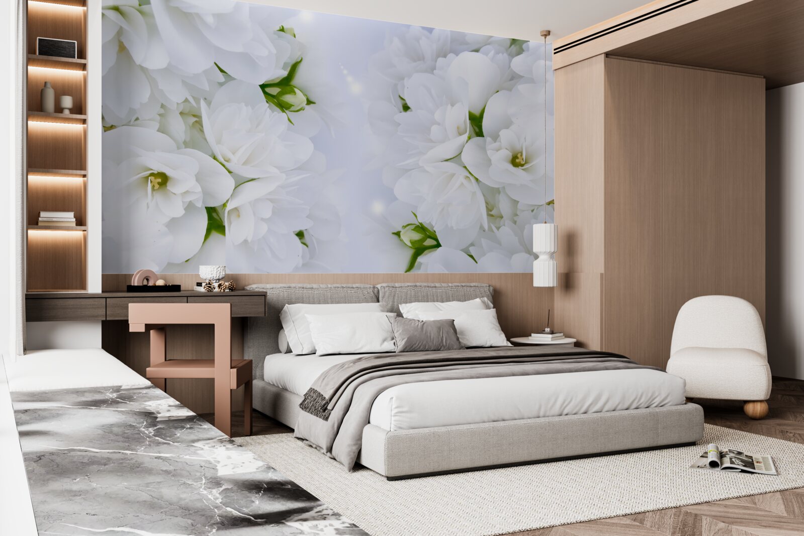 Papier peint des fleurs douces, blanches comme la neige