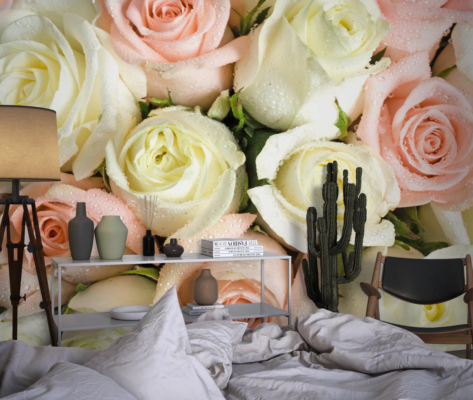 Papier peint taille des fleurs de roses blanches et roses