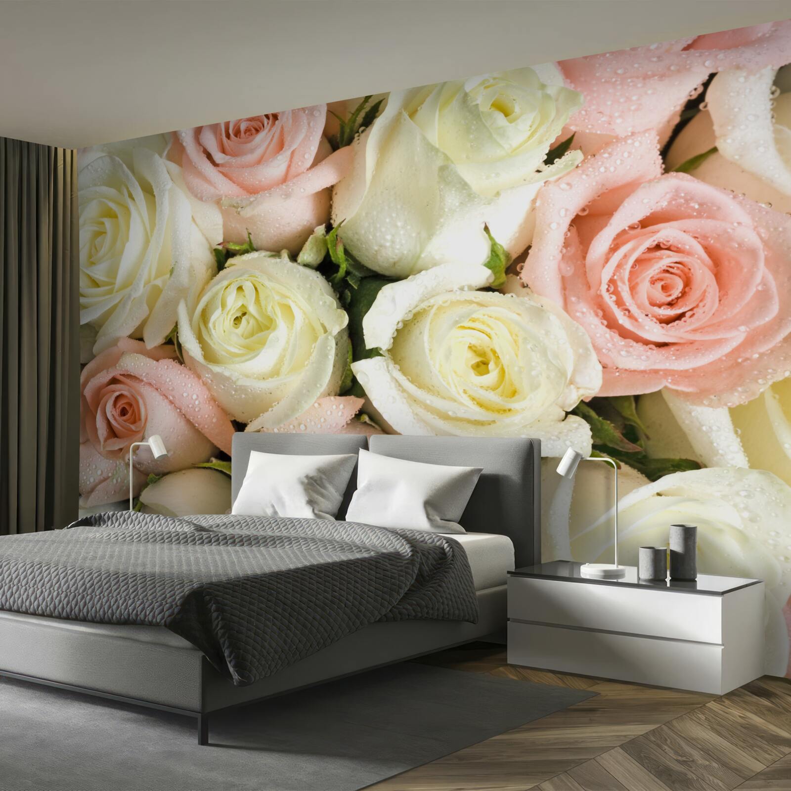 Papier peint taille des fleurs de roses blanches et roses