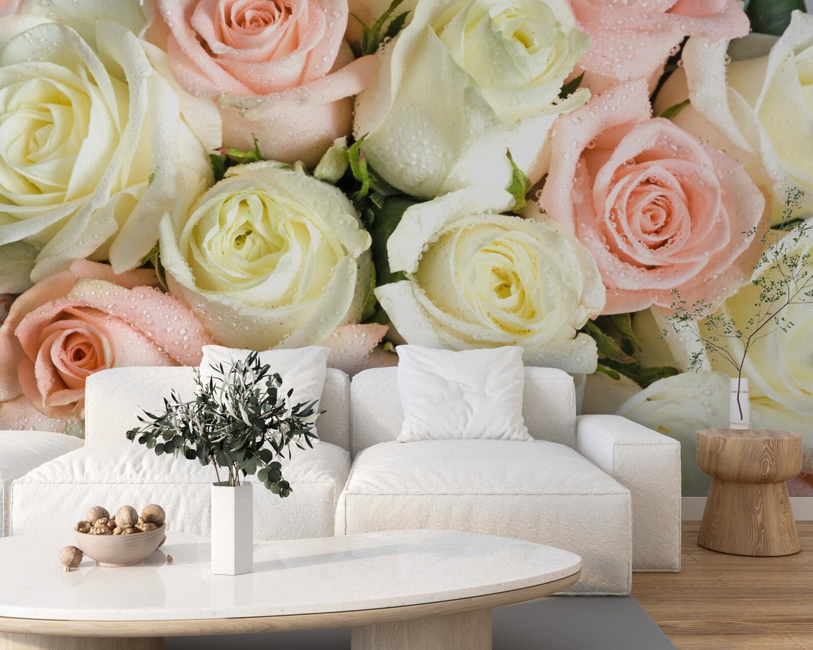 Papier peint taille des fleurs de roses blanches et roses