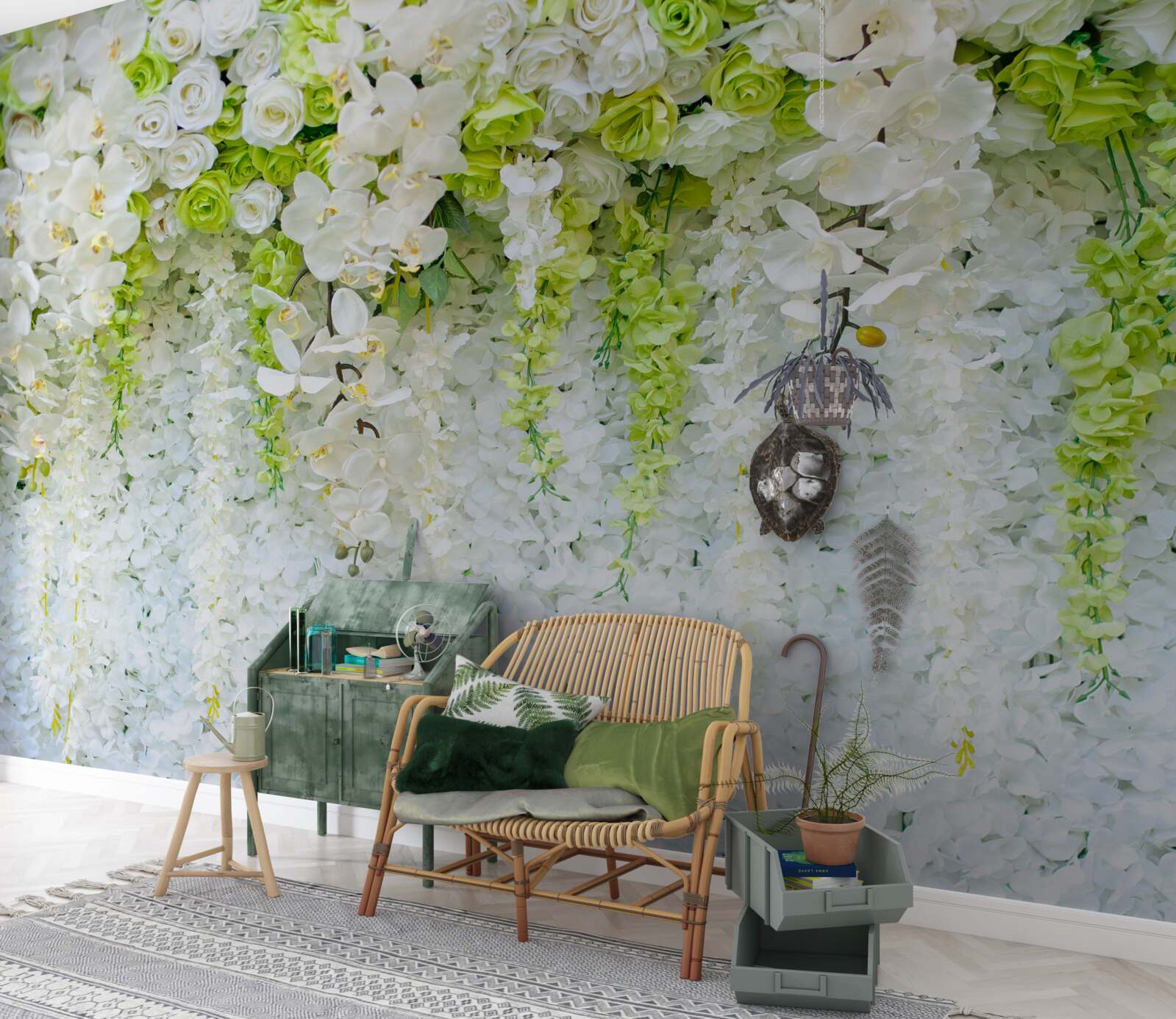 Papier peint des orchidées blanches recouvrent le mur d'un tapis floral