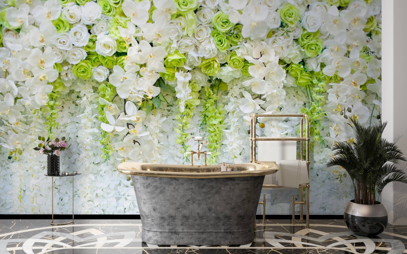 Papier peint des orchidées blanches recouvrent le mur d'un tapis floral