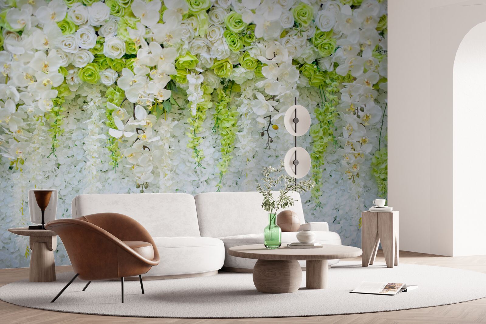 Papier peint des orchidées blanches recouvrent le mur d'un tapis floral