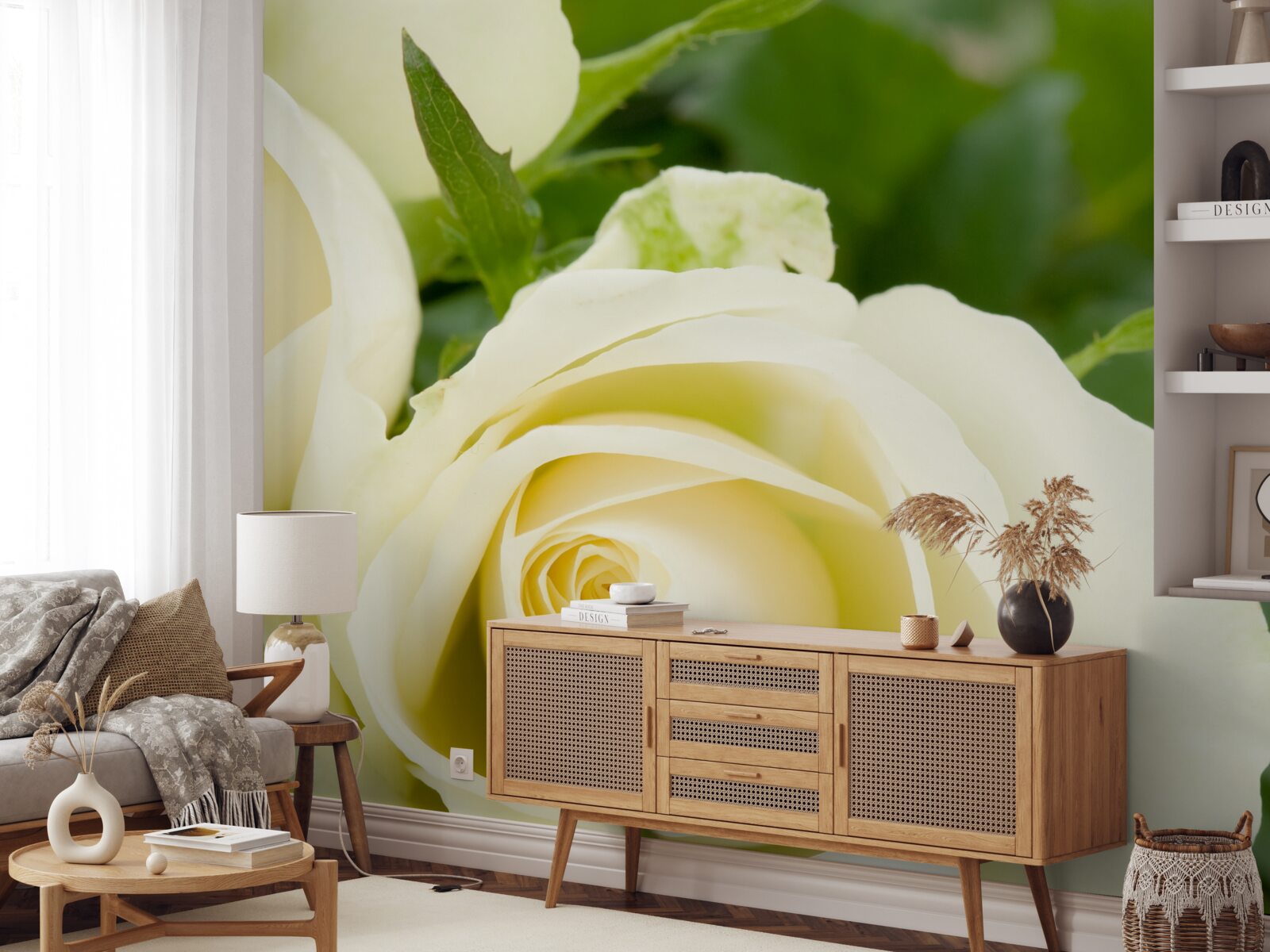 Papier peint rose de couleur beige avec des feuilles vertes