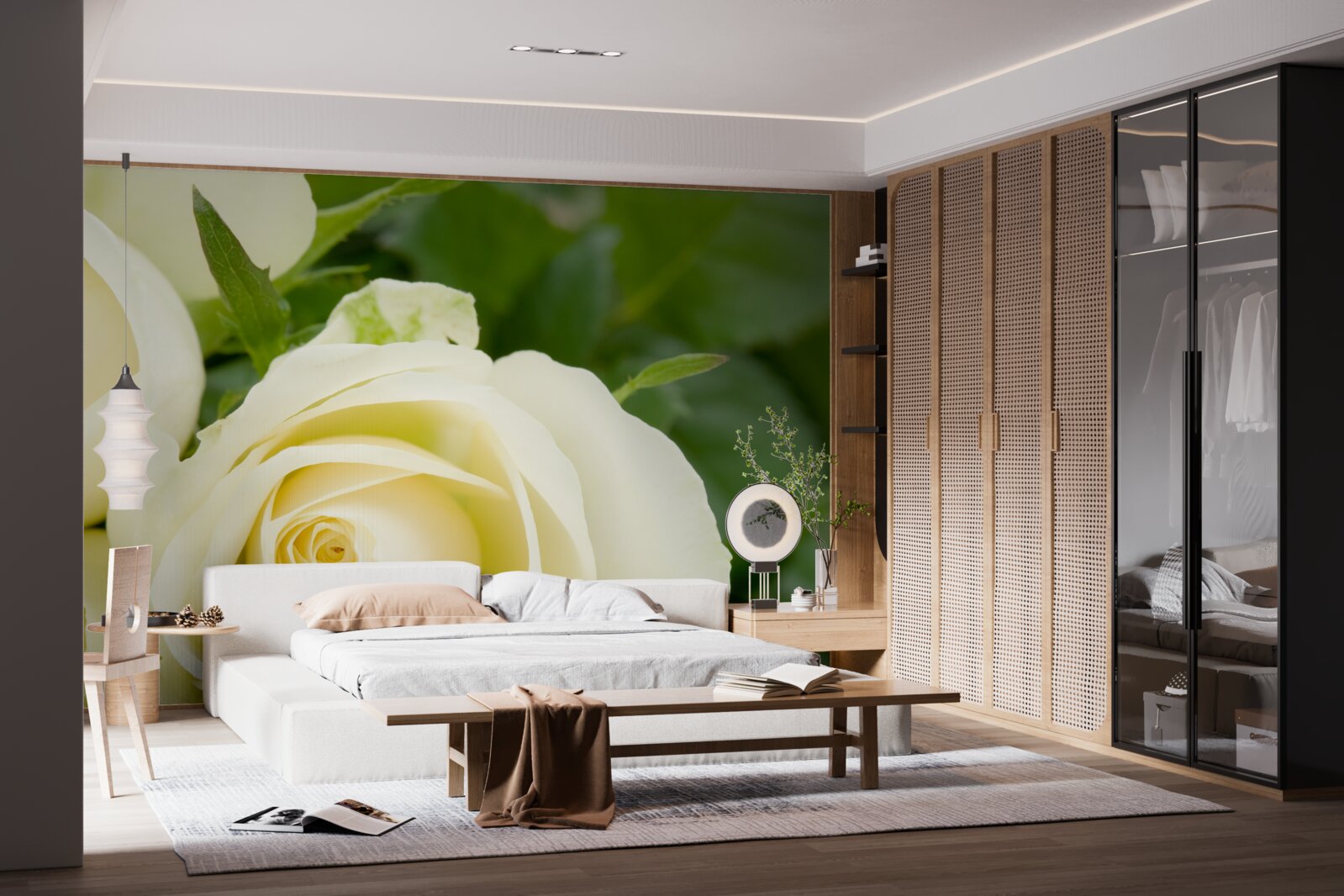 Papier peint rose de couleur beige avec des feuilles vertes