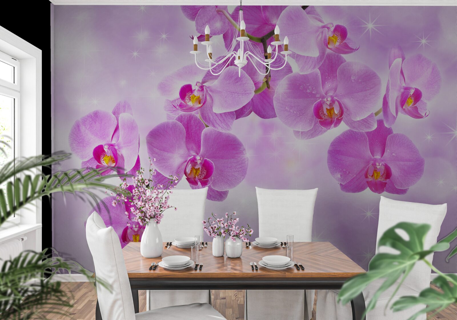 Papier peint orchidée teintée de lilas, se décolorant, s'inclinant