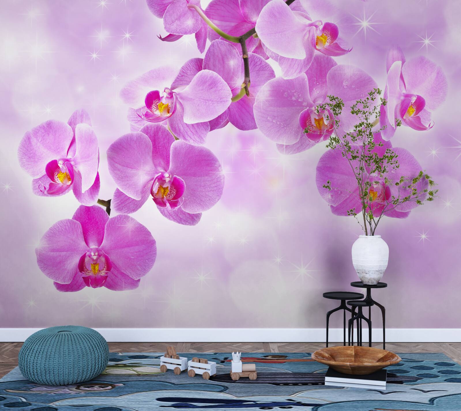 Papier peint orchidée teintée de lilas, se décolorant, s'inclinant