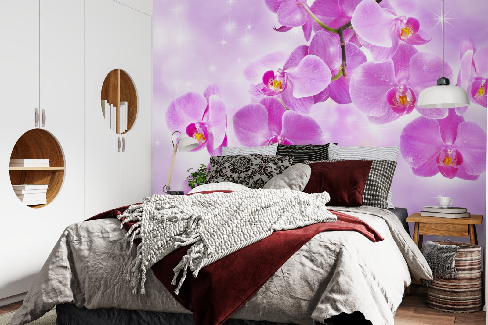 Papier peint orchidée teintée de lilas, se décolorant, s'inclinant