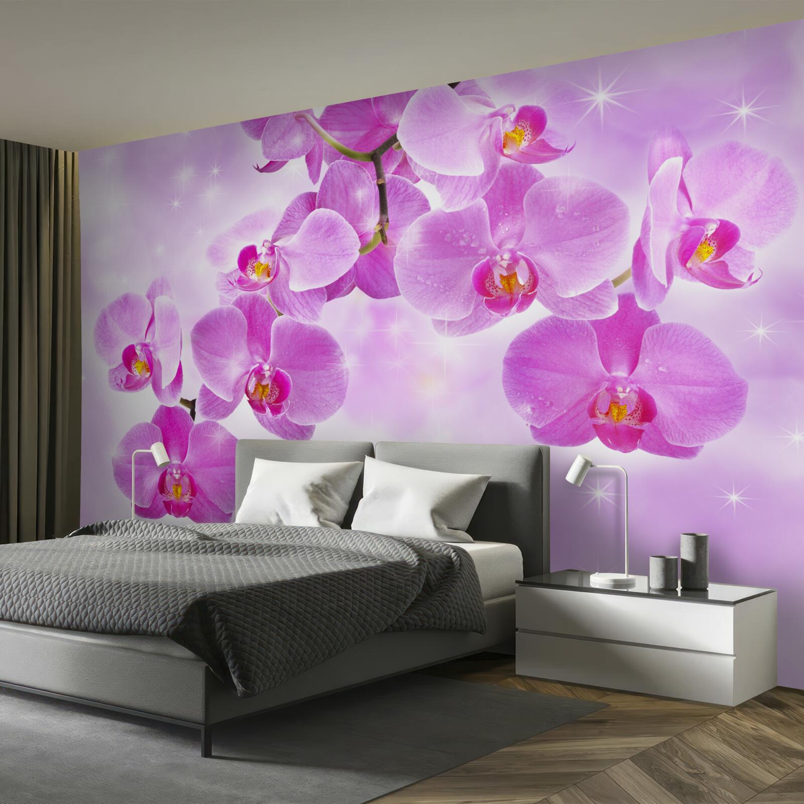 Papier peint orchidée teintée de lilas, se décolorant, s'inclinant