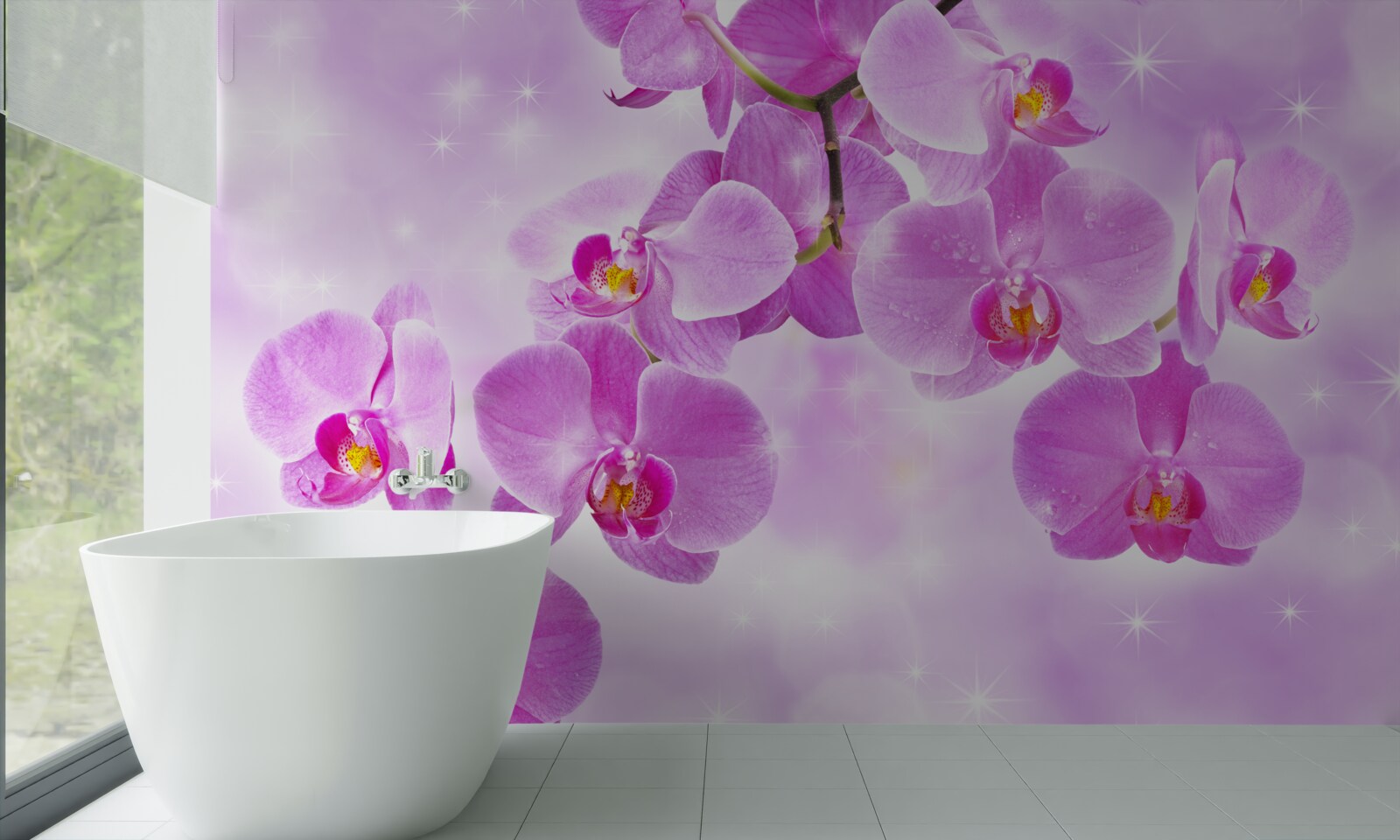 Papier peint orchidée teintée de lilas, se décolorant, s'inclinant