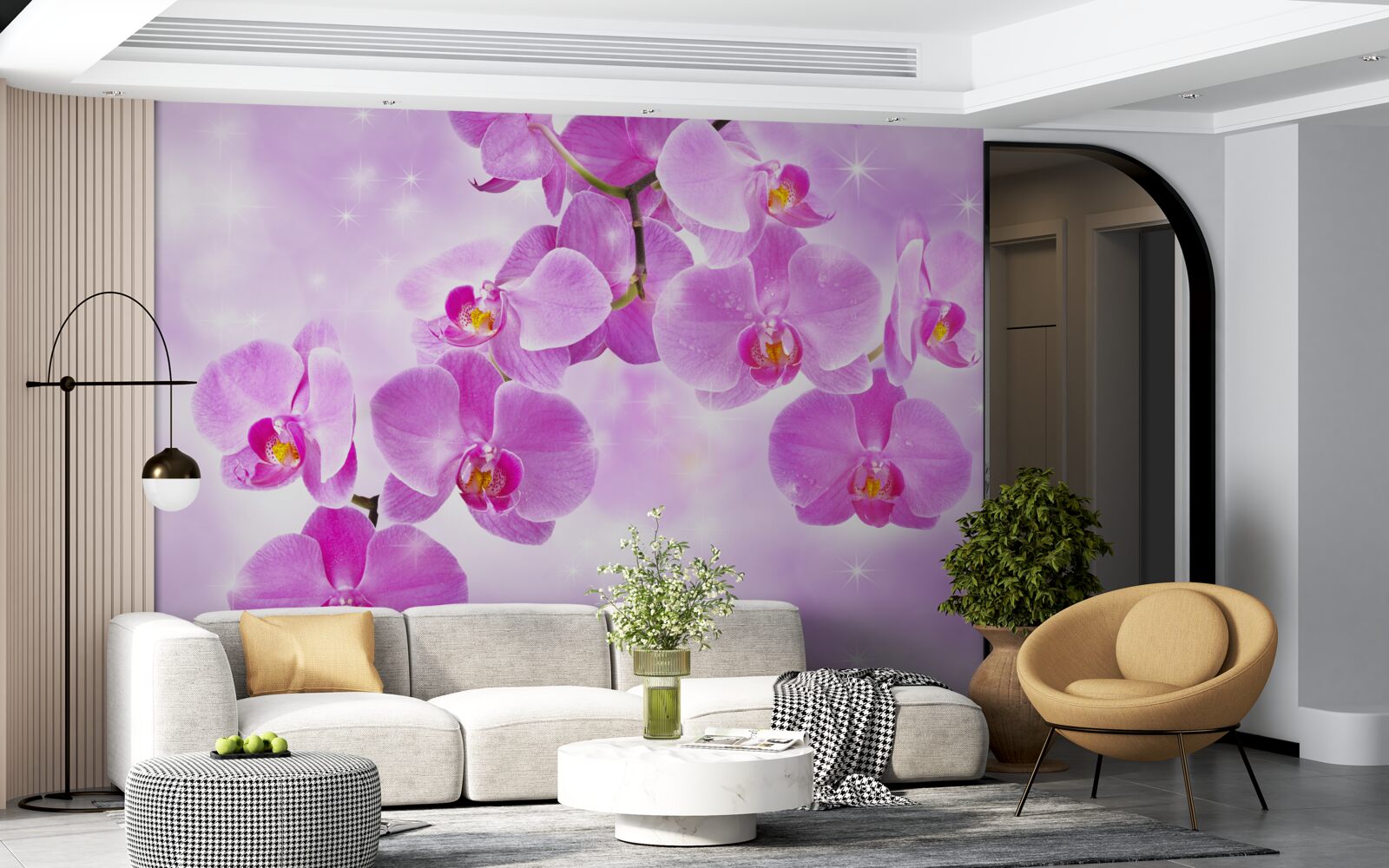 Papier peint orchidée teintée de lilas, se décolorant, s'inclinant