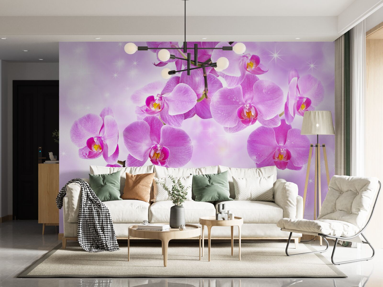 Papier peint orchidée teintée de lilas, se décolorant, s'inclinant