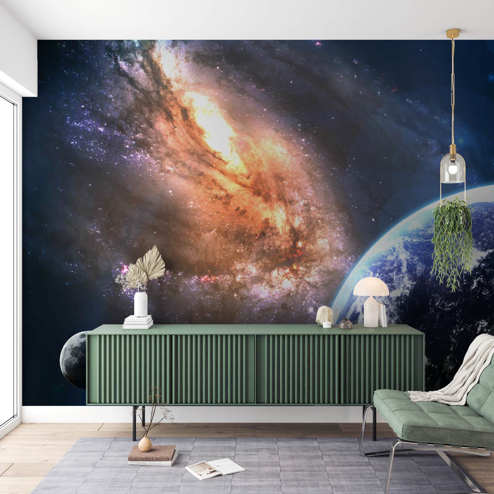 Papier peint une planète, un satellite et une galaxie nouvellement découverte