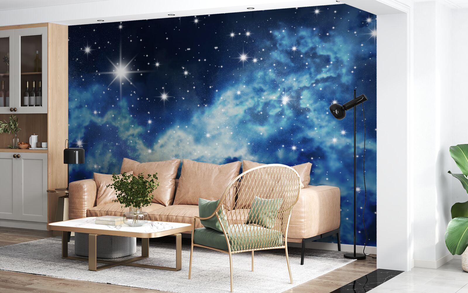 Papier peint ciel bleu parsemé d'étoiles