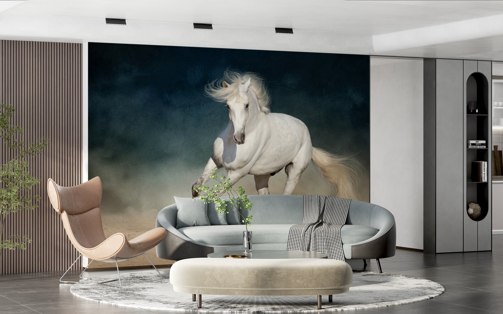 Papier peint un cheval blanc galope dans un champ ouvert