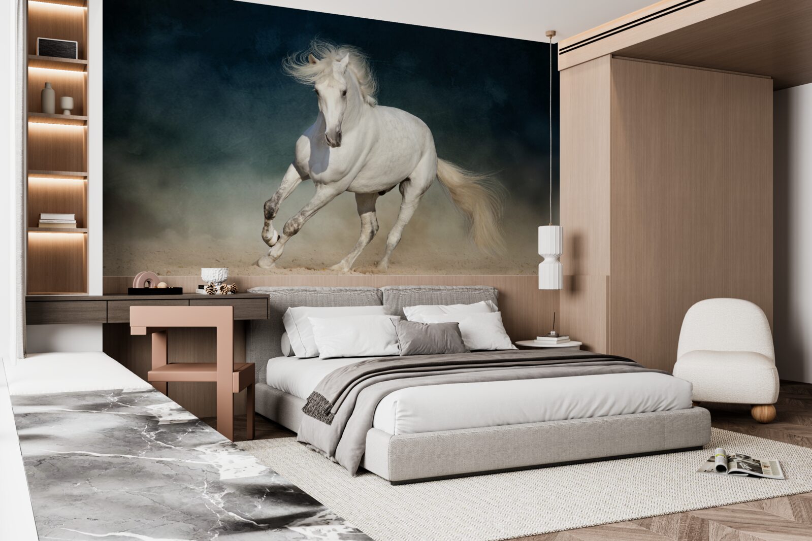 Papier peint un cheval blanc galope dans un champ ouvert