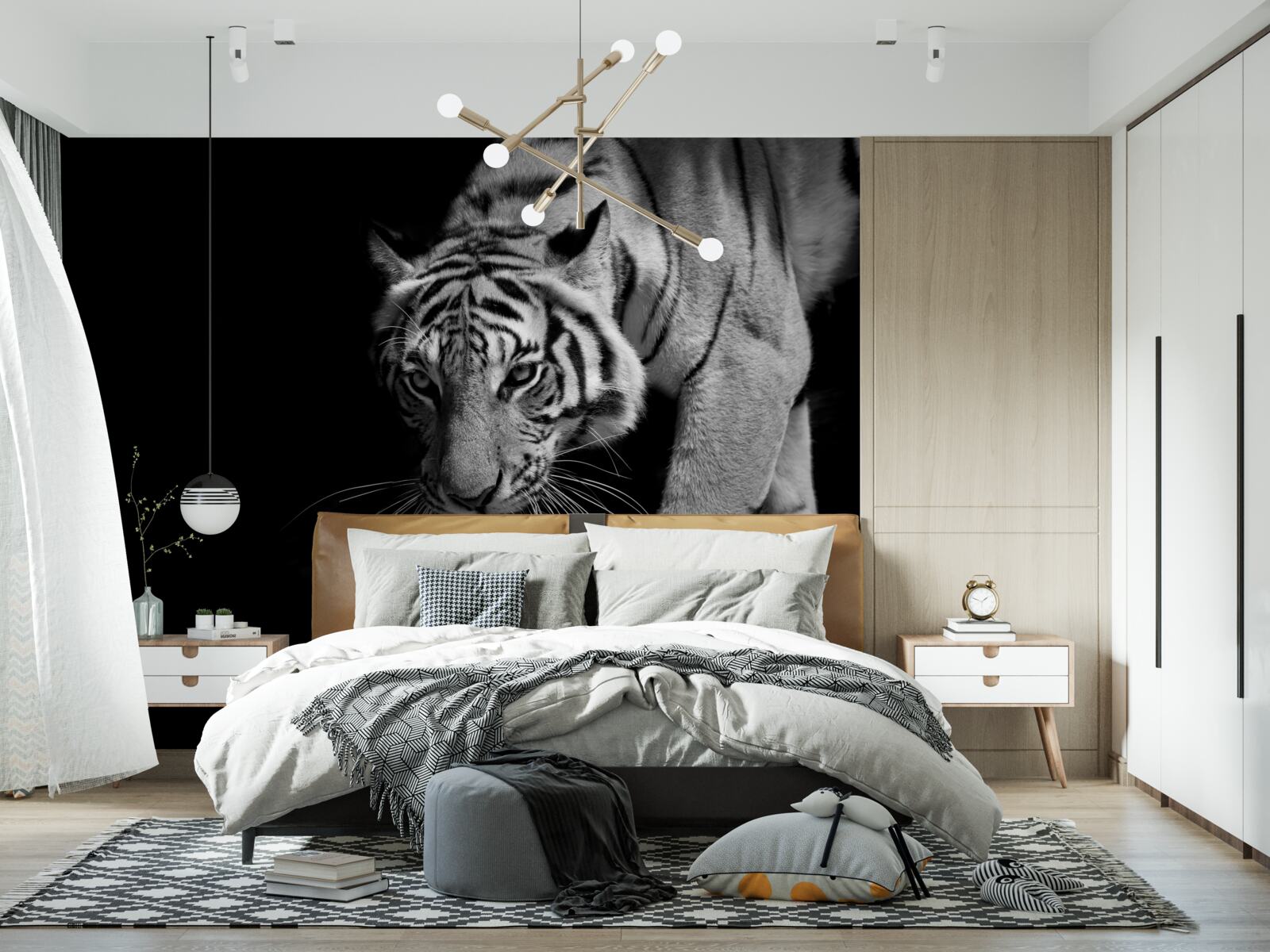 Papier peint tigre rampant sur fond d'obscurité