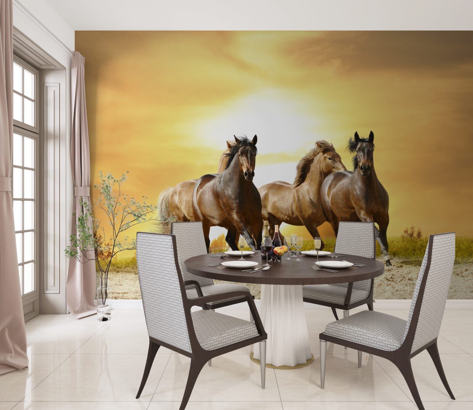 Papier peint trois chevaux s'affrontent sur des sables vides