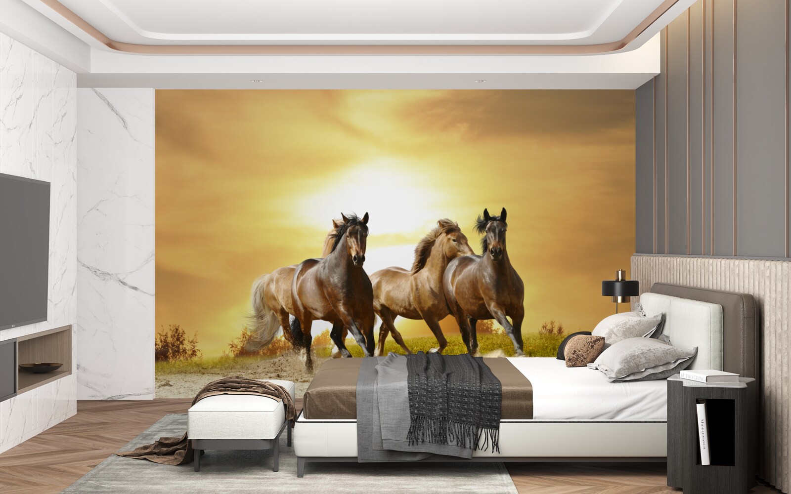 Papier peint trois chevaux s'affrontent sur des sables vides