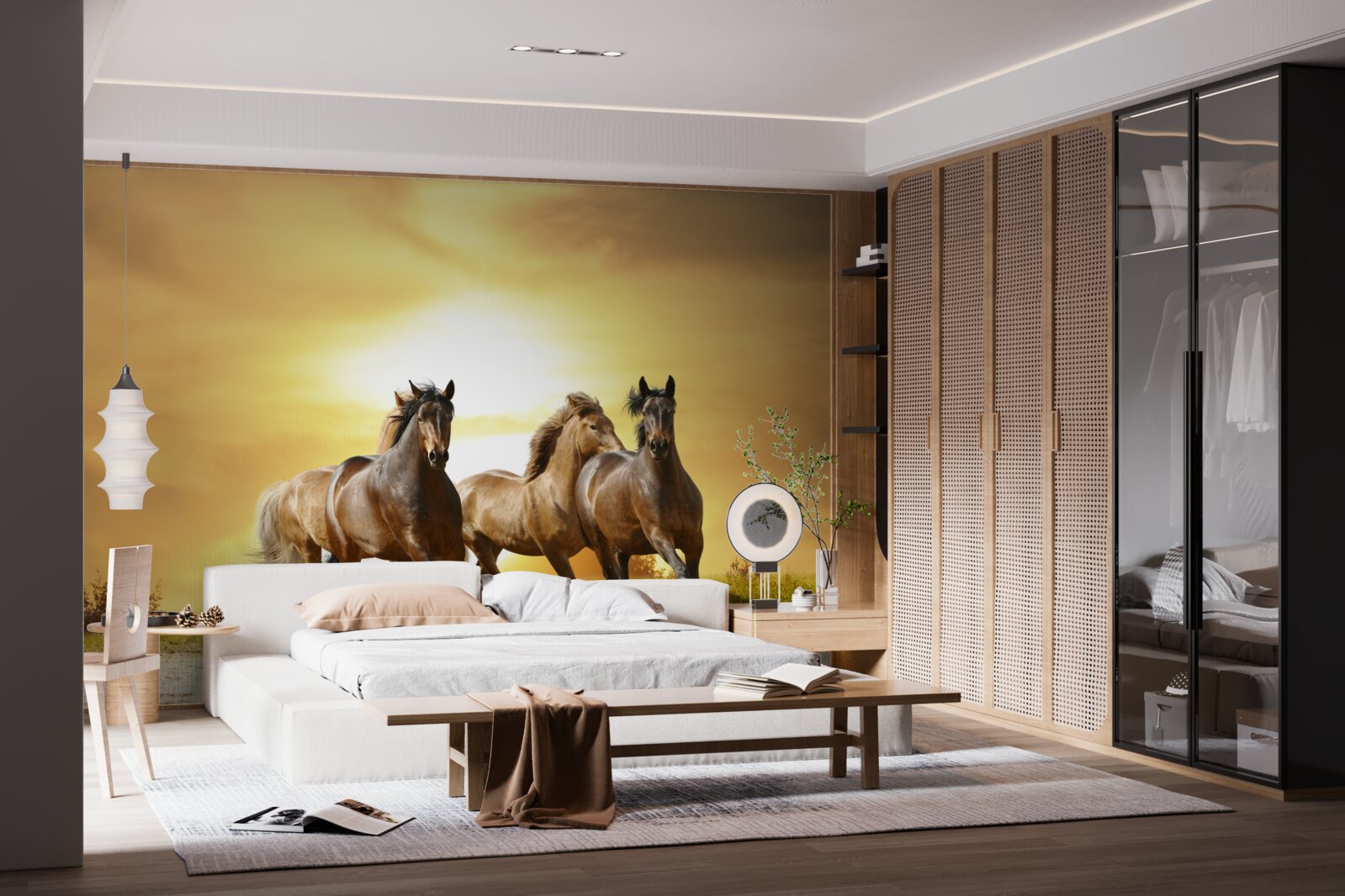 Papier peint trois chevaux s'affrontent sur des sables vides