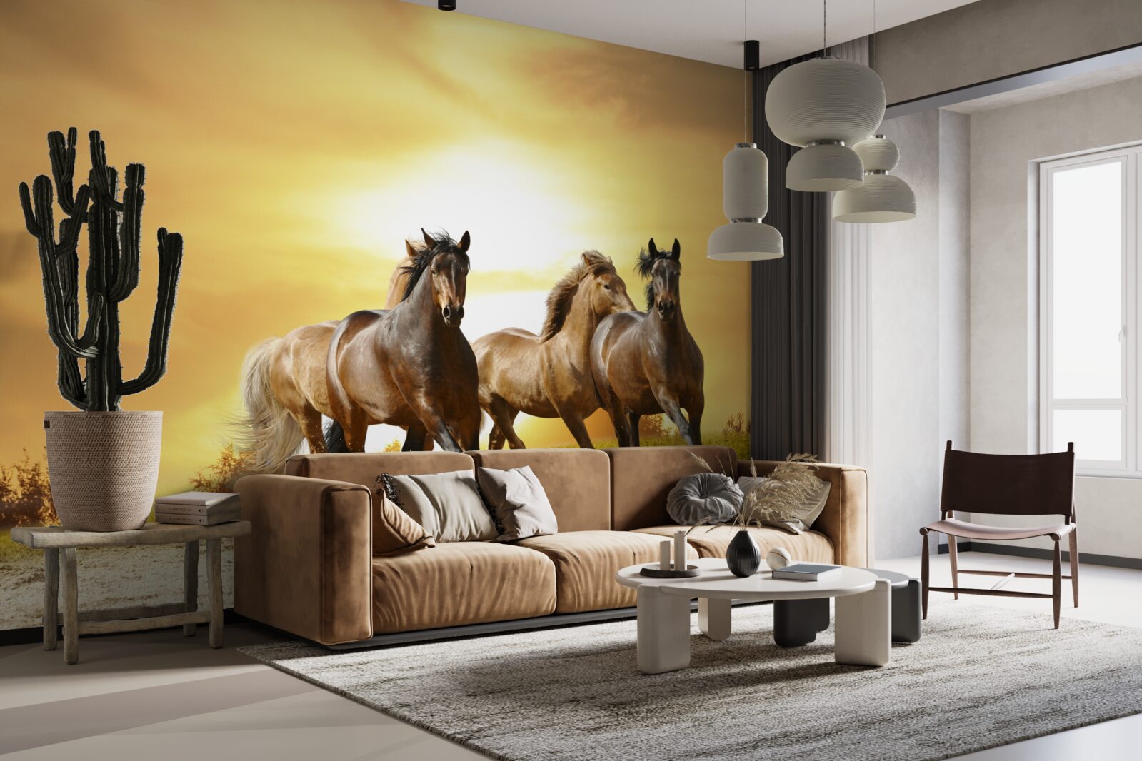 Papier peint trois chevaux s'affrontent sur des sables vides