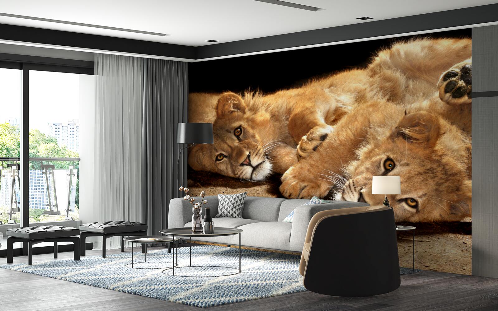 Papier peint de jeunes lions jouent sur le sol