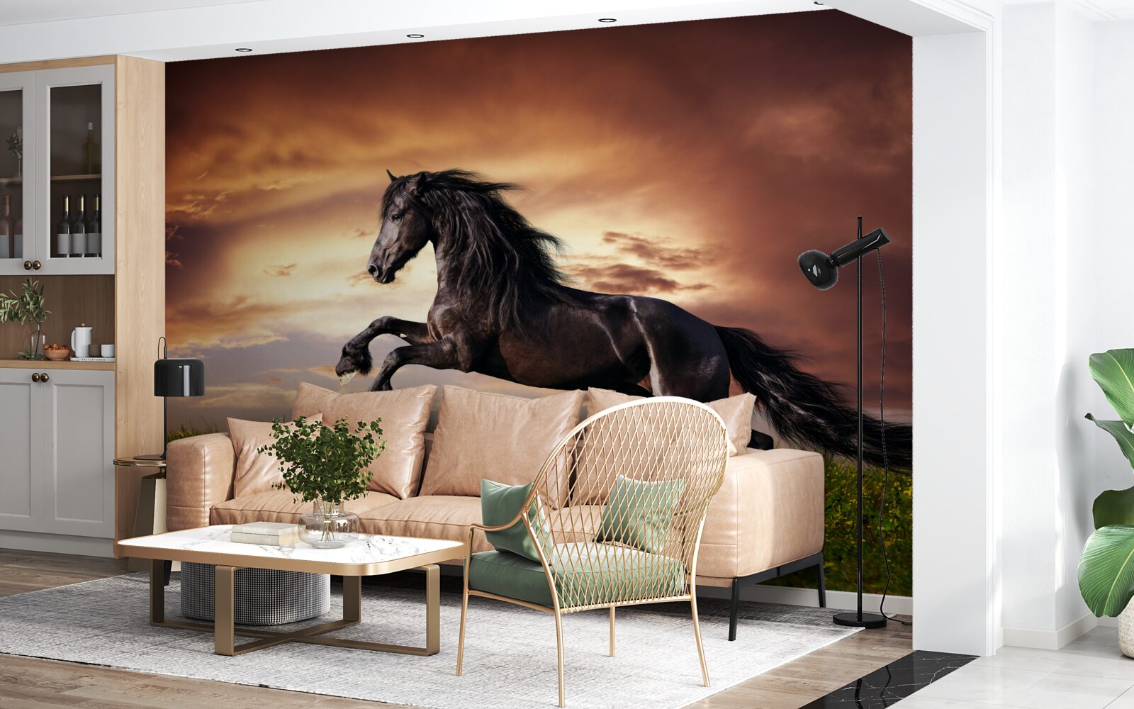Papier peint cheval fort sautant sur l'herbe verte