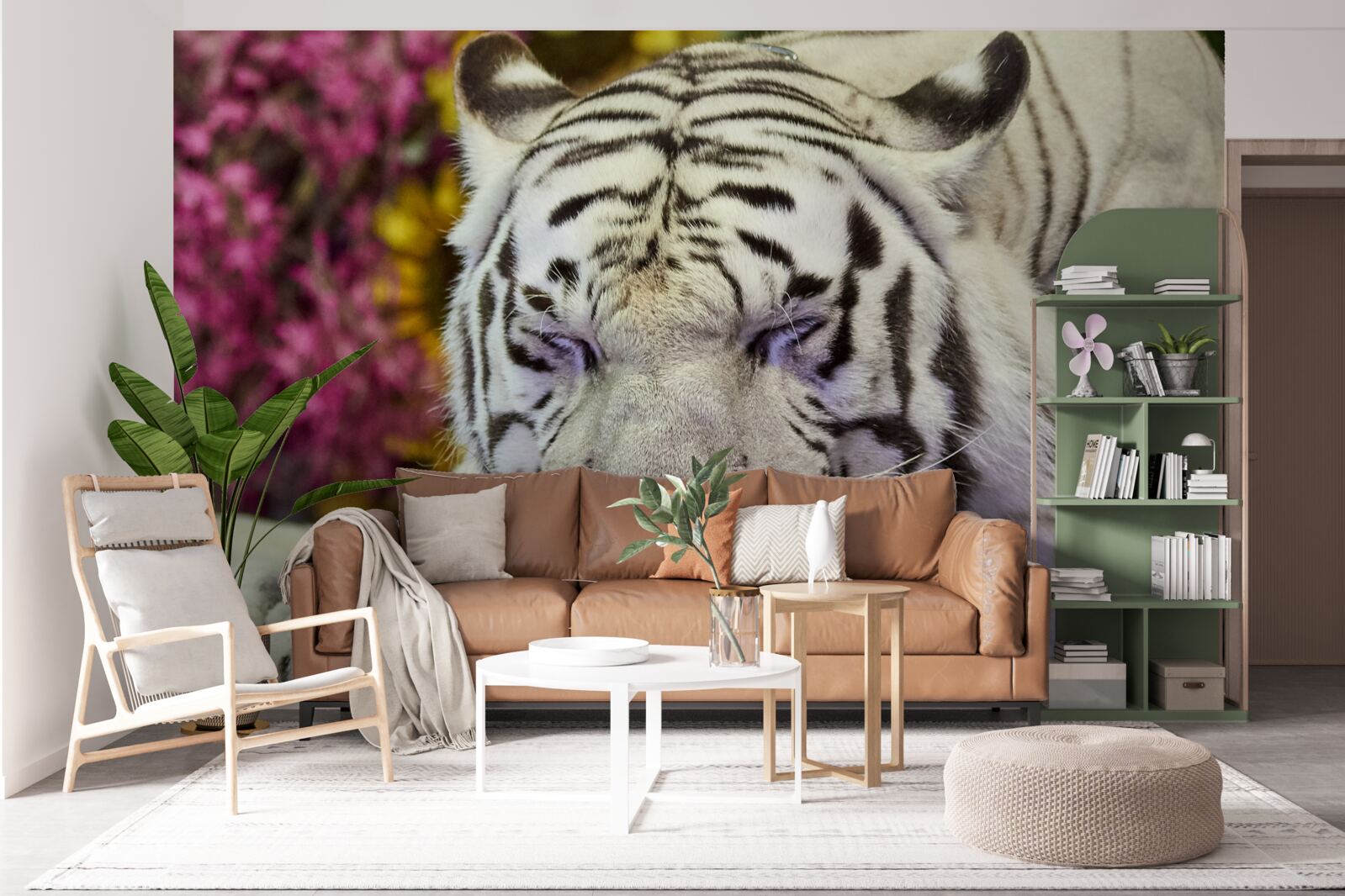 Papier peint un tigre blanc se repose parmi les fleurs