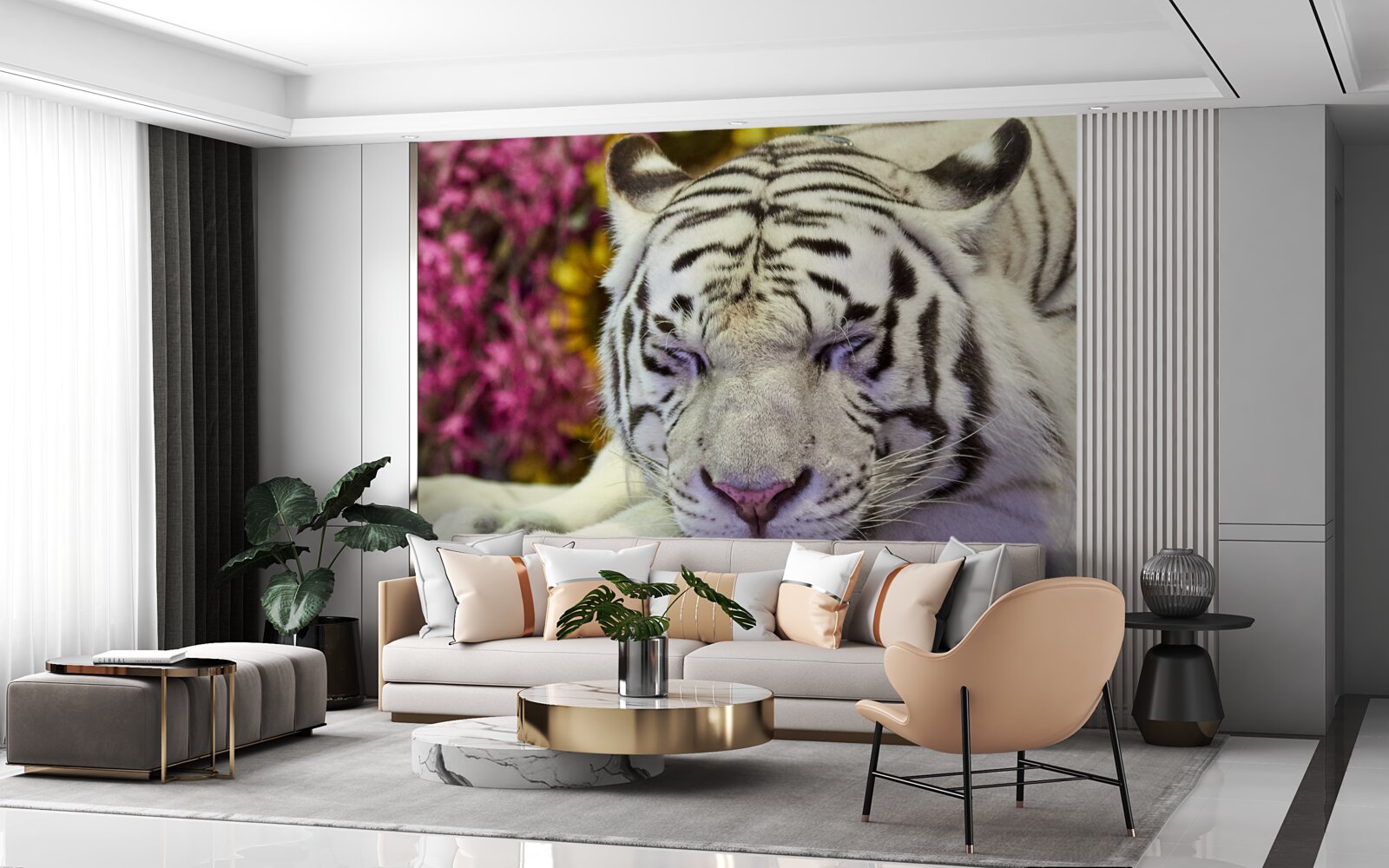 Papier peint un tigre blanc se repose parmi les fleurs