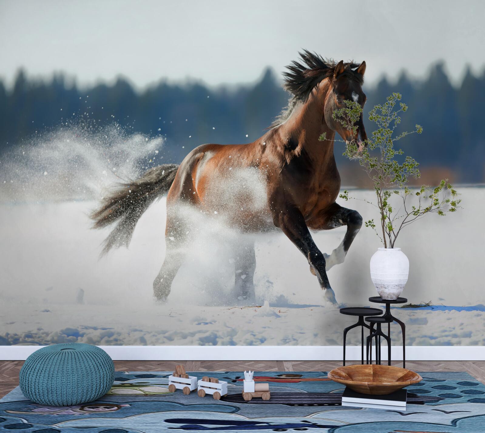 Papier peint un cheval galope dans la neige