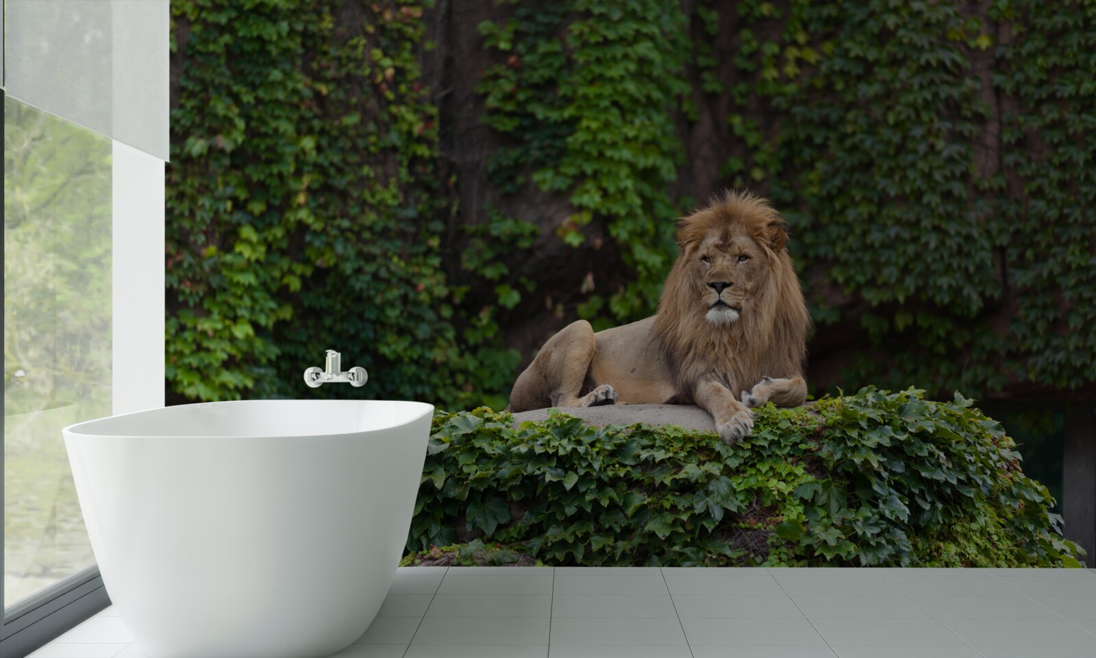 Papier peint un lion majestueux repose sur une pierre recouverte de mousse