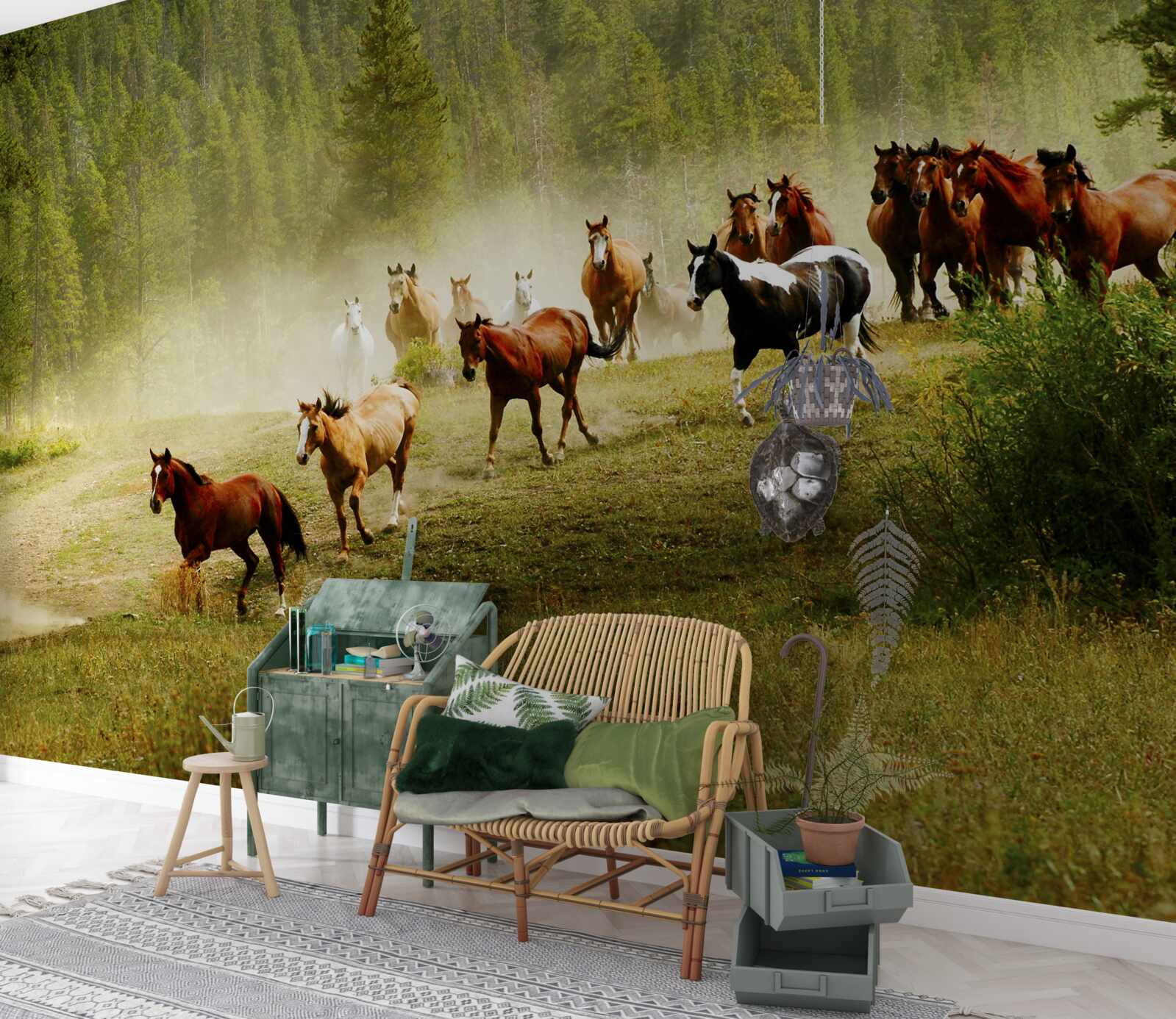 Papier peint chevaux en pleine course dans la forêt