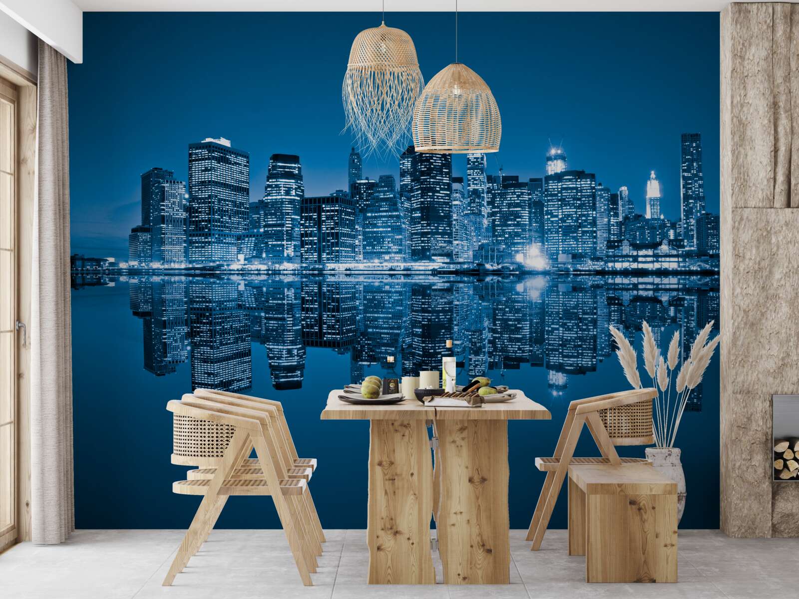 Papier peint reflet de bâtiments bleu foncé dans l'eau