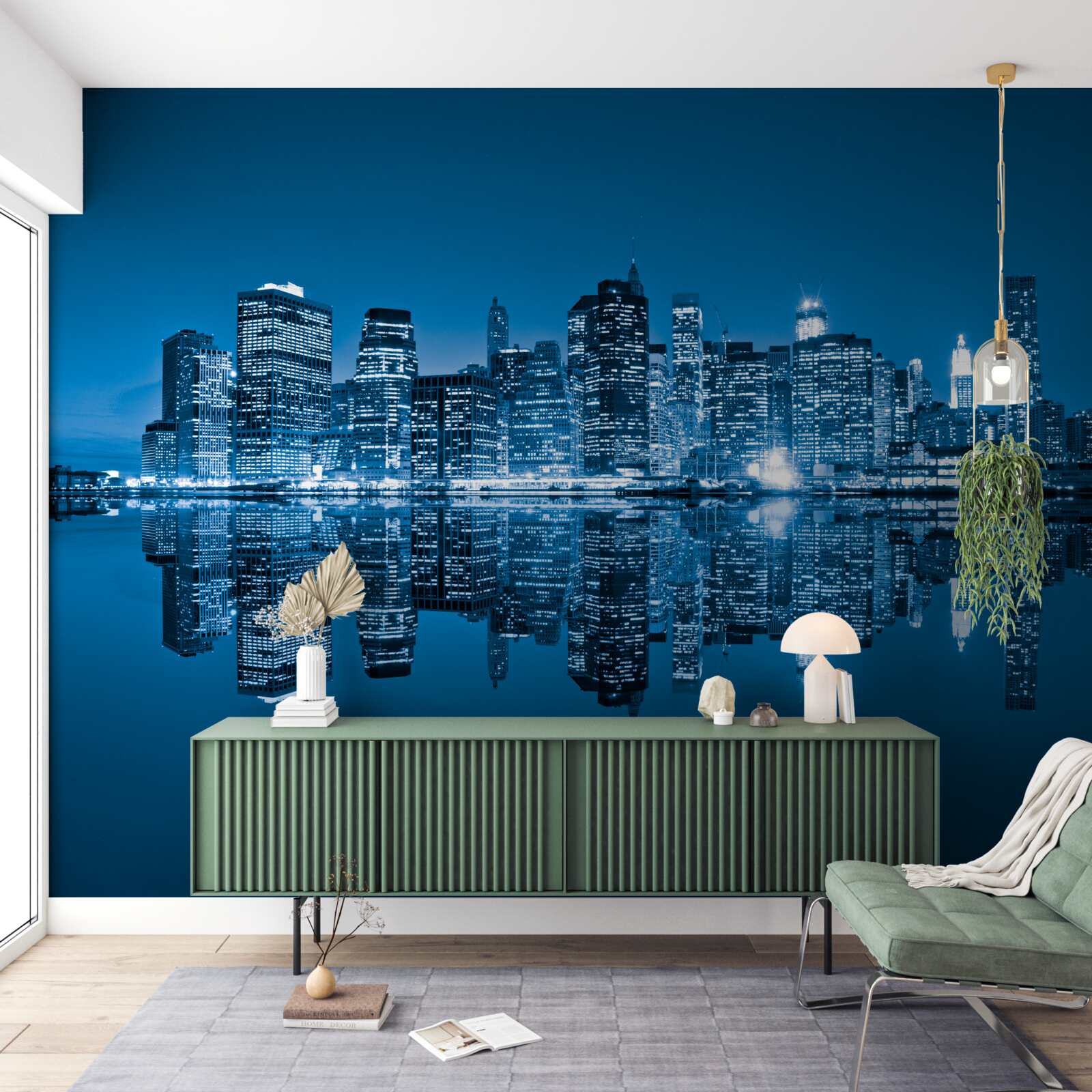 Papier peint reflet de bâtiments bleu foncé dans l'eau