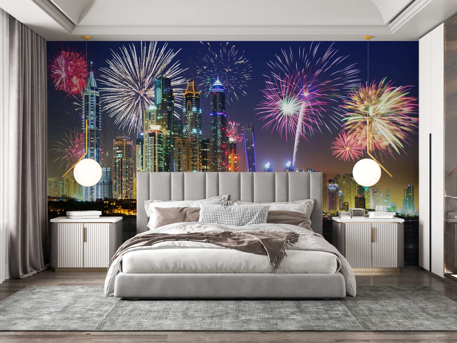 Papier peint feux d'artifice lumineux dans le ciel de la ville