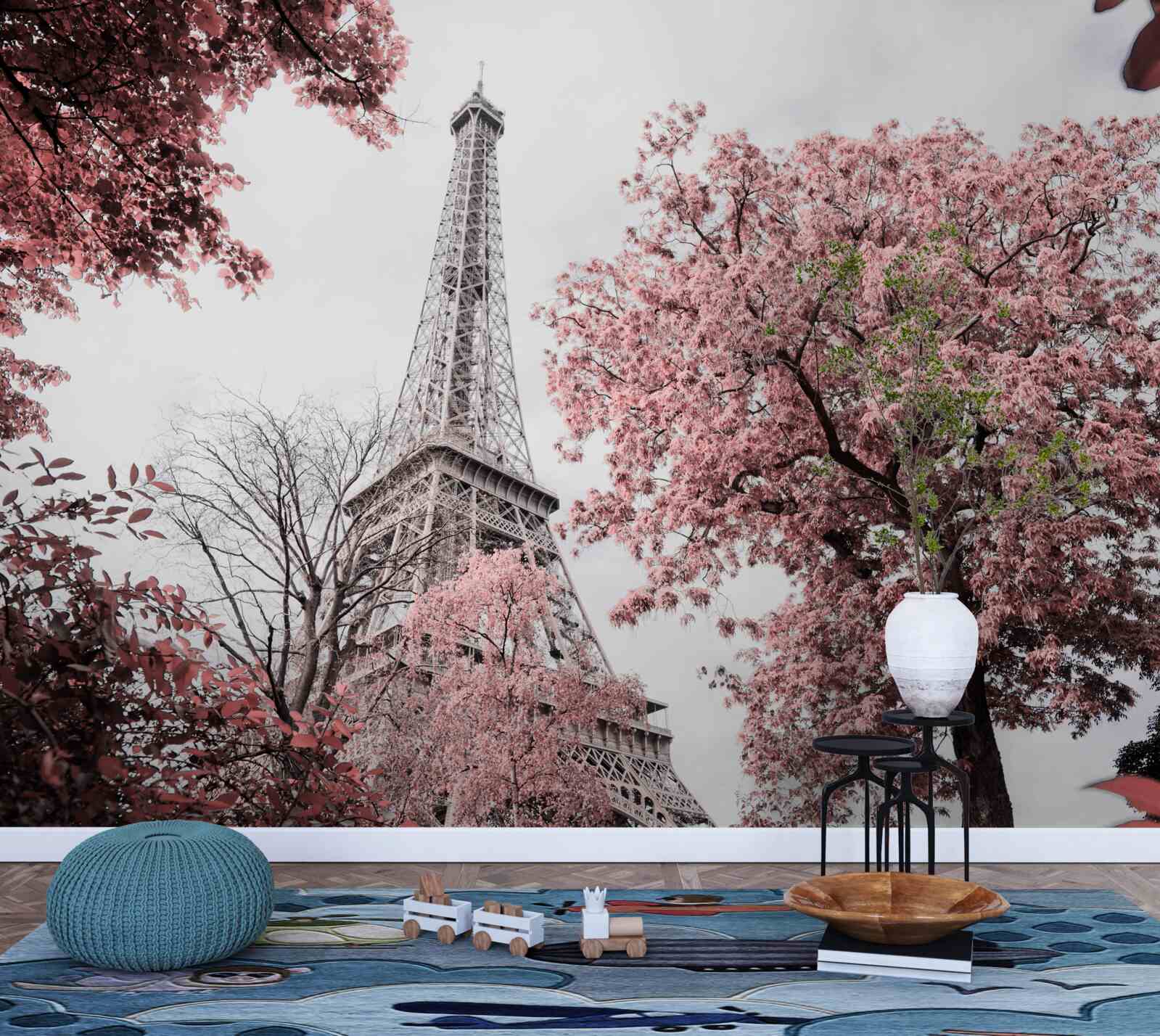 Papier peint tour eiffel entourée de cerisiers en fleurs