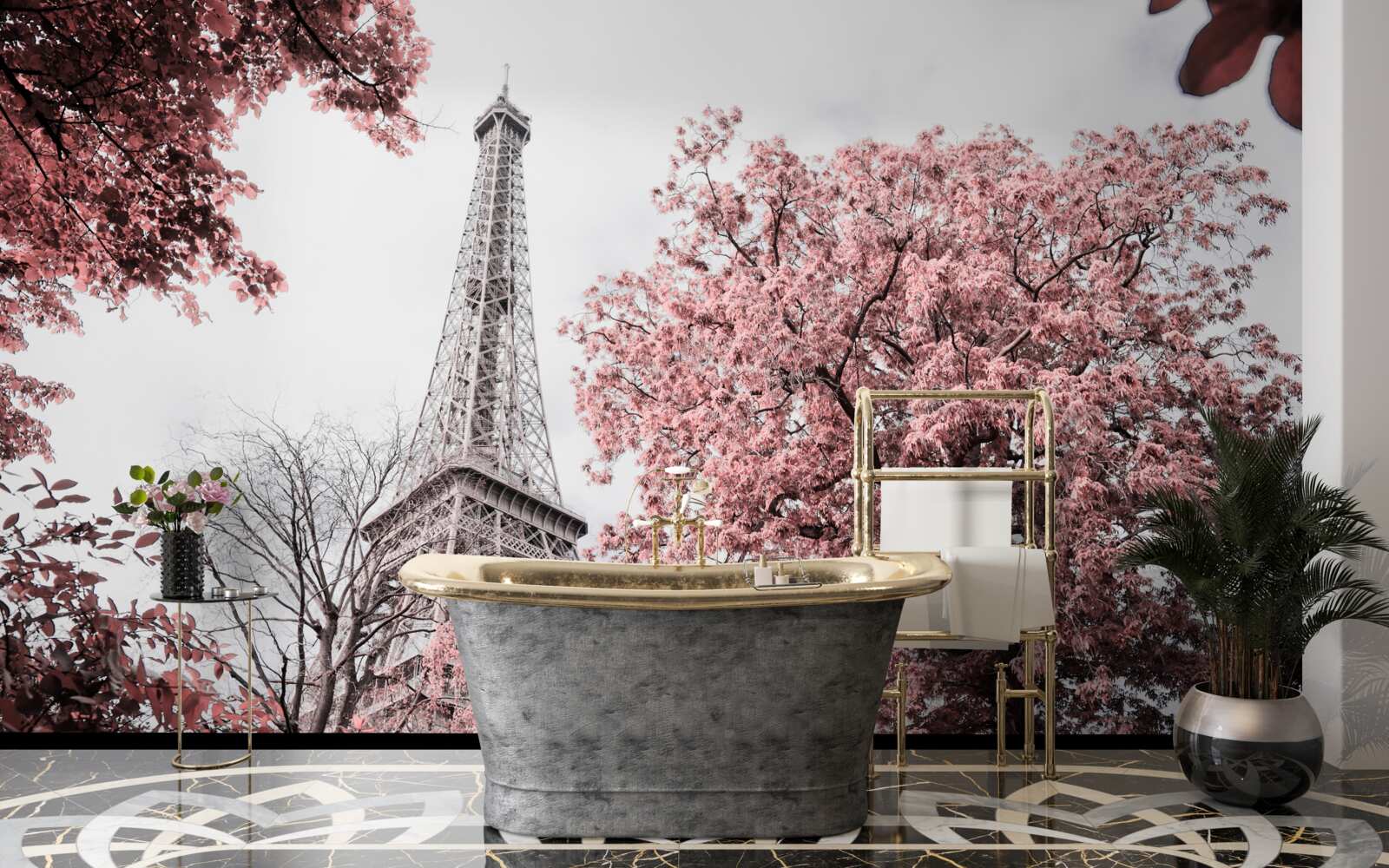 Papier peint tour eiffel entourée de cerisiers en fleurs