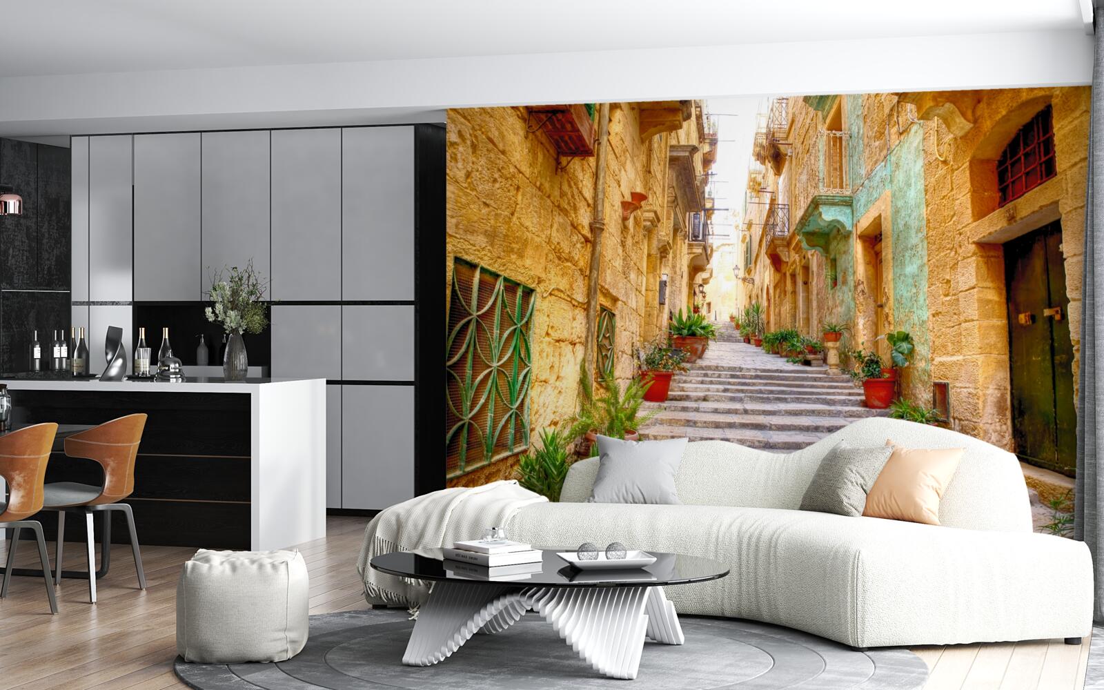 Papier peint la rue italienne décorée de fleurs est étroite