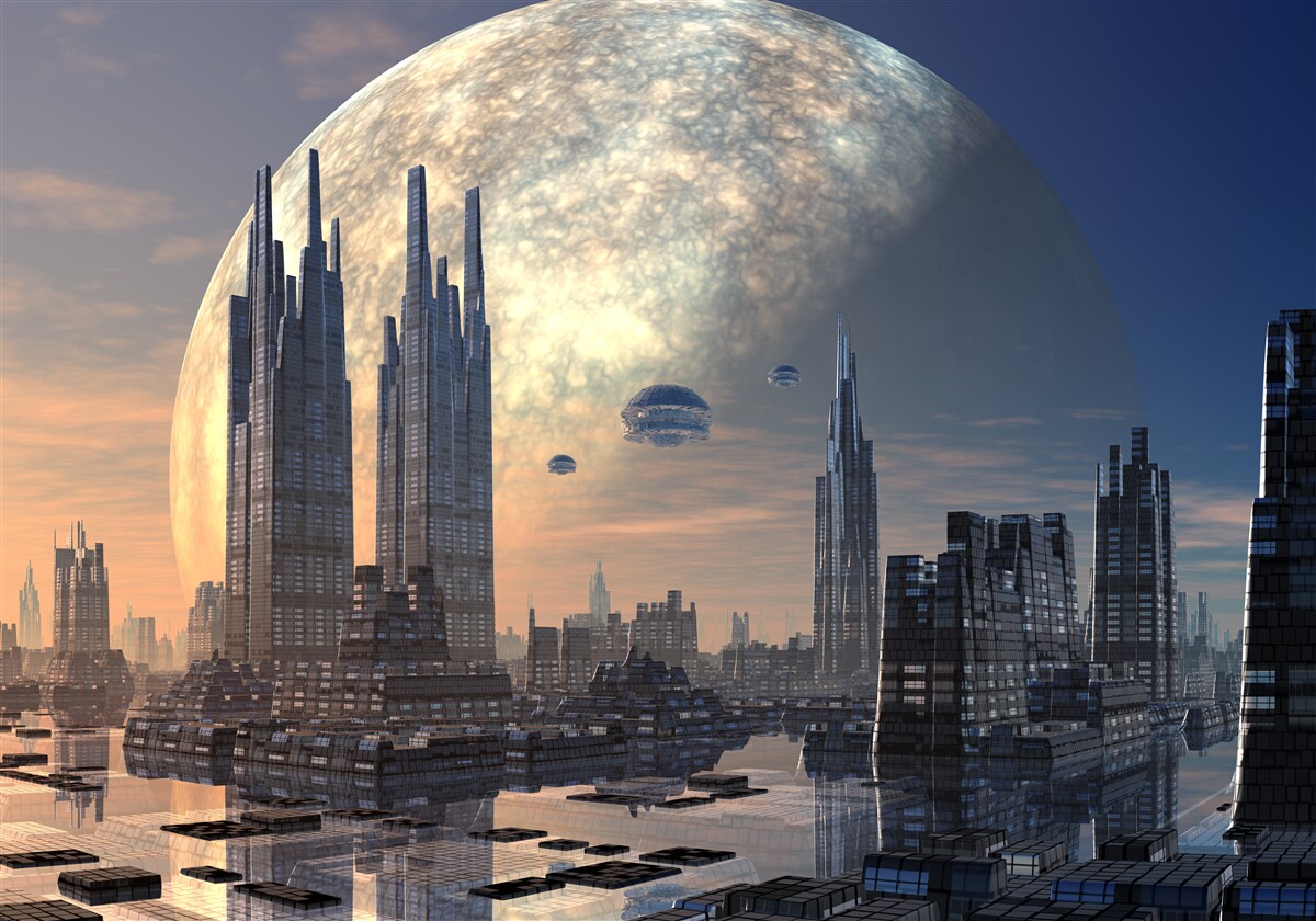 Papier peint Une lune incandescente se lève sur une ville étonnante