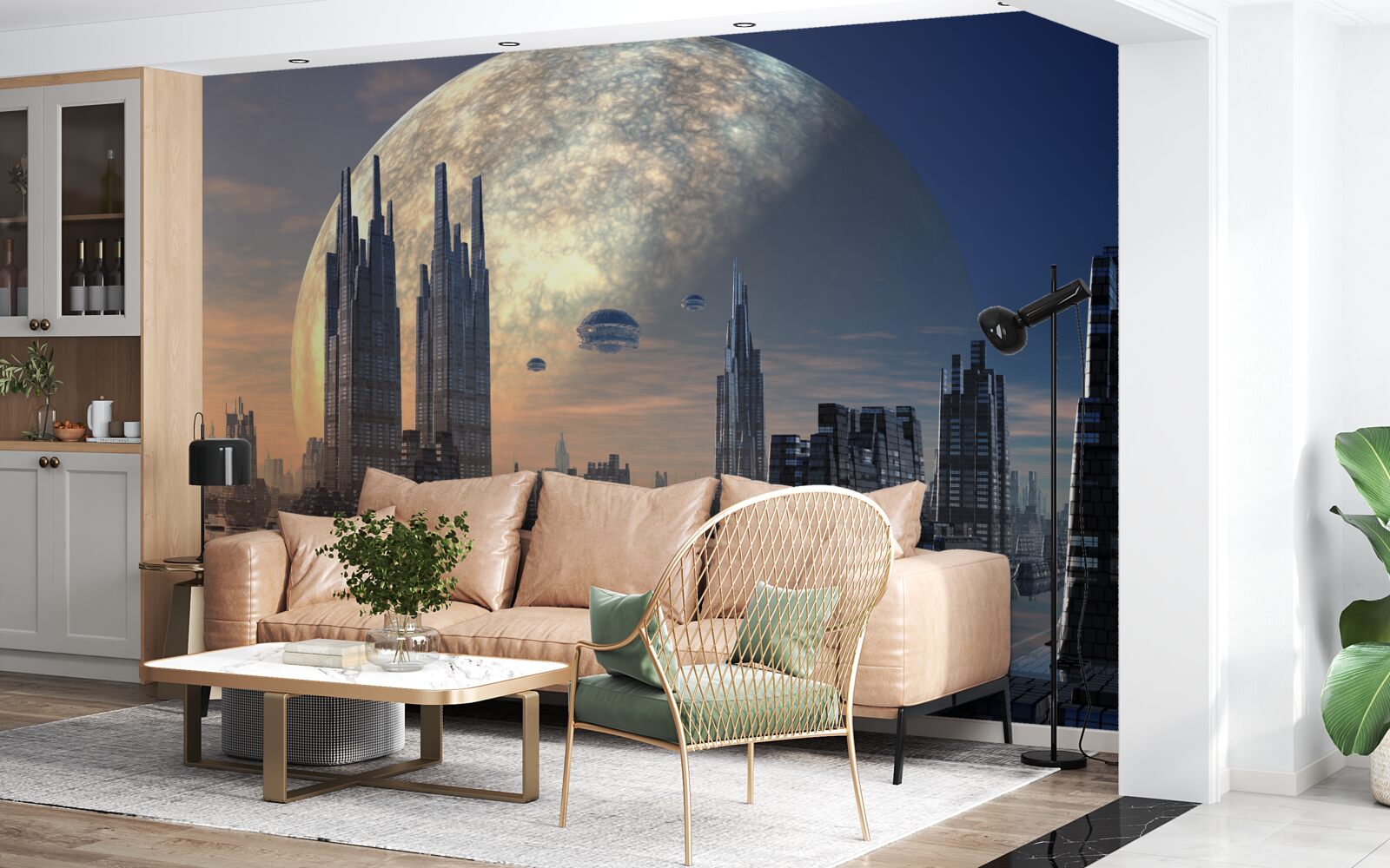 Papier peint Une lune incandescente se lève sur une ville étonnante