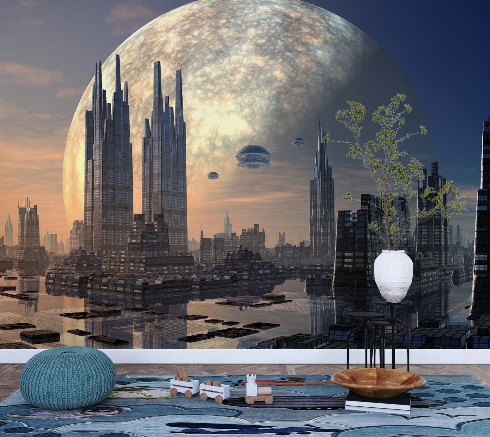 Papier peint Une lune incandescente se lève sur une ville étonnante