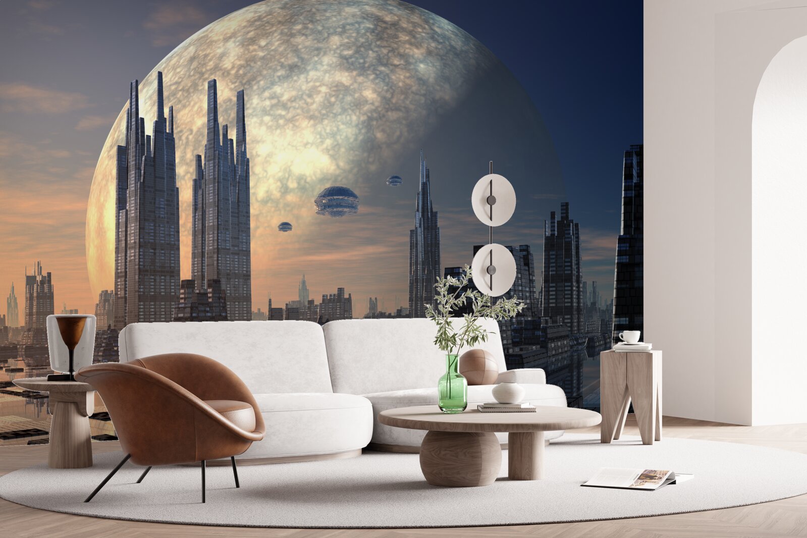 Papier peint Une lune incandescente se lève sur une ville étonnante