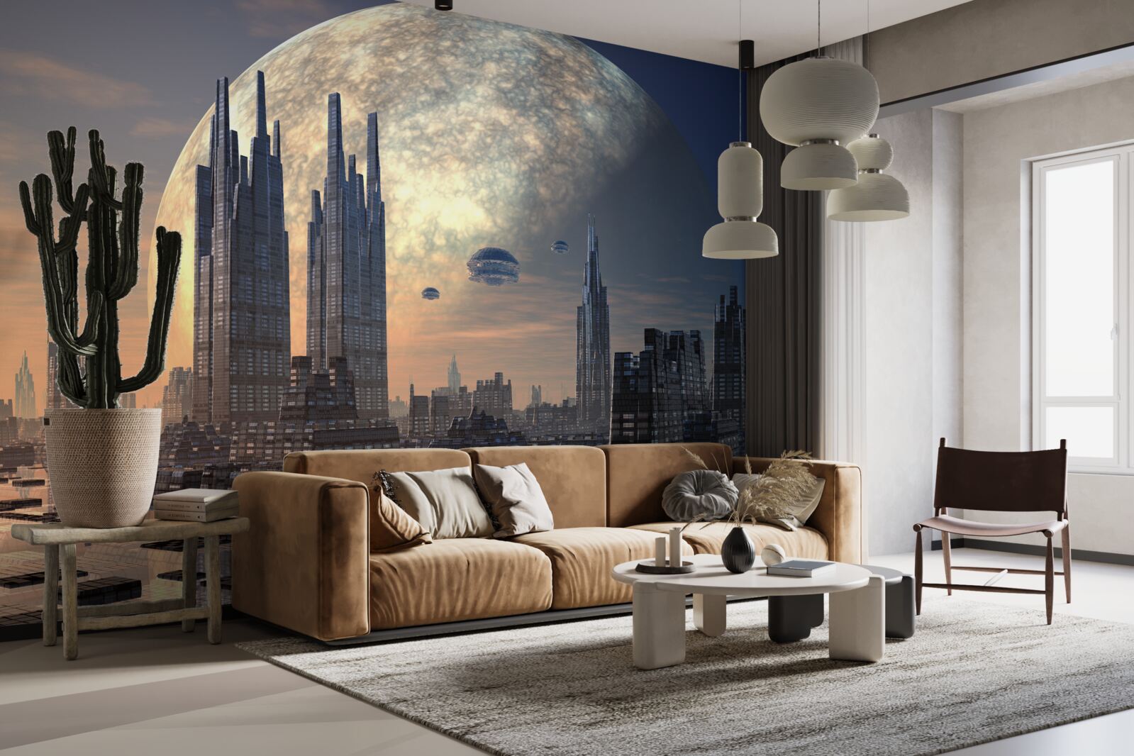 Papier peint Une lune incandescente se lève sur une ville étonnante