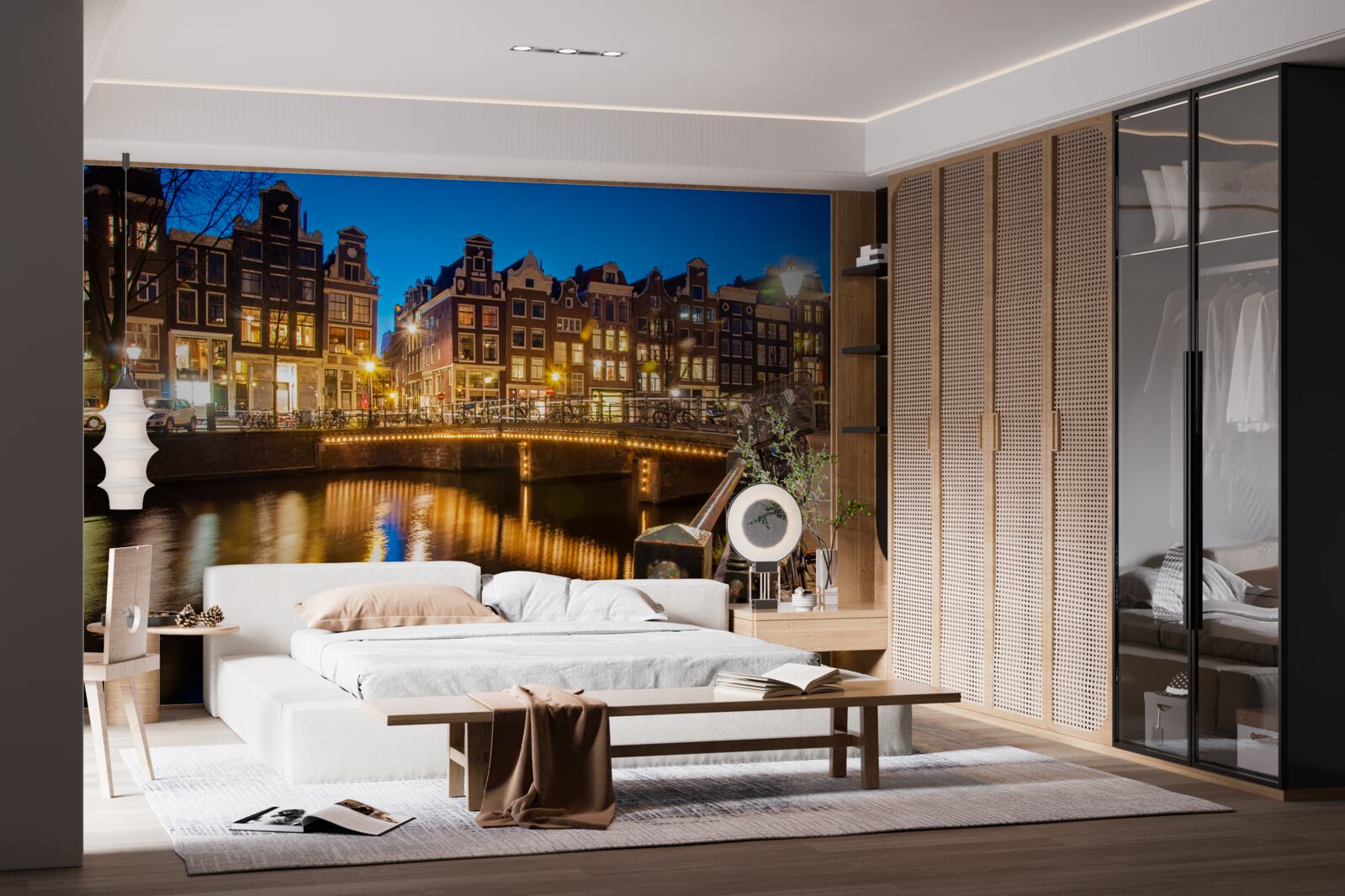 Papier peint reflet d'amsterdam dans l'eau la nuit