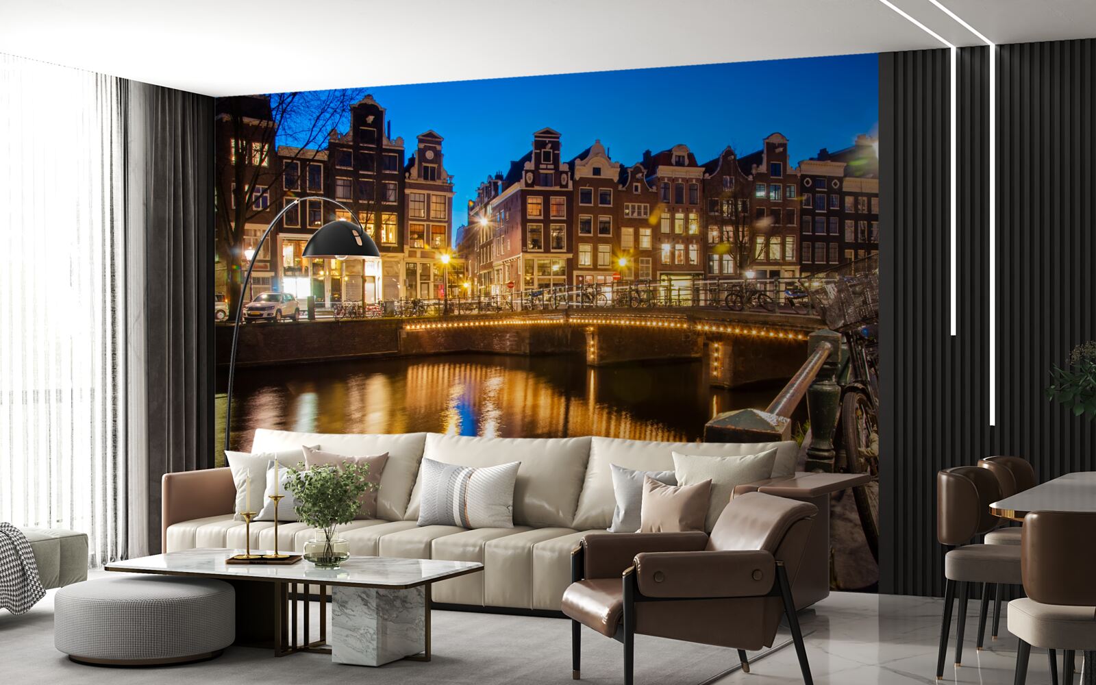 Papier peint reflet d'amsterdam dans l'eau la nuit