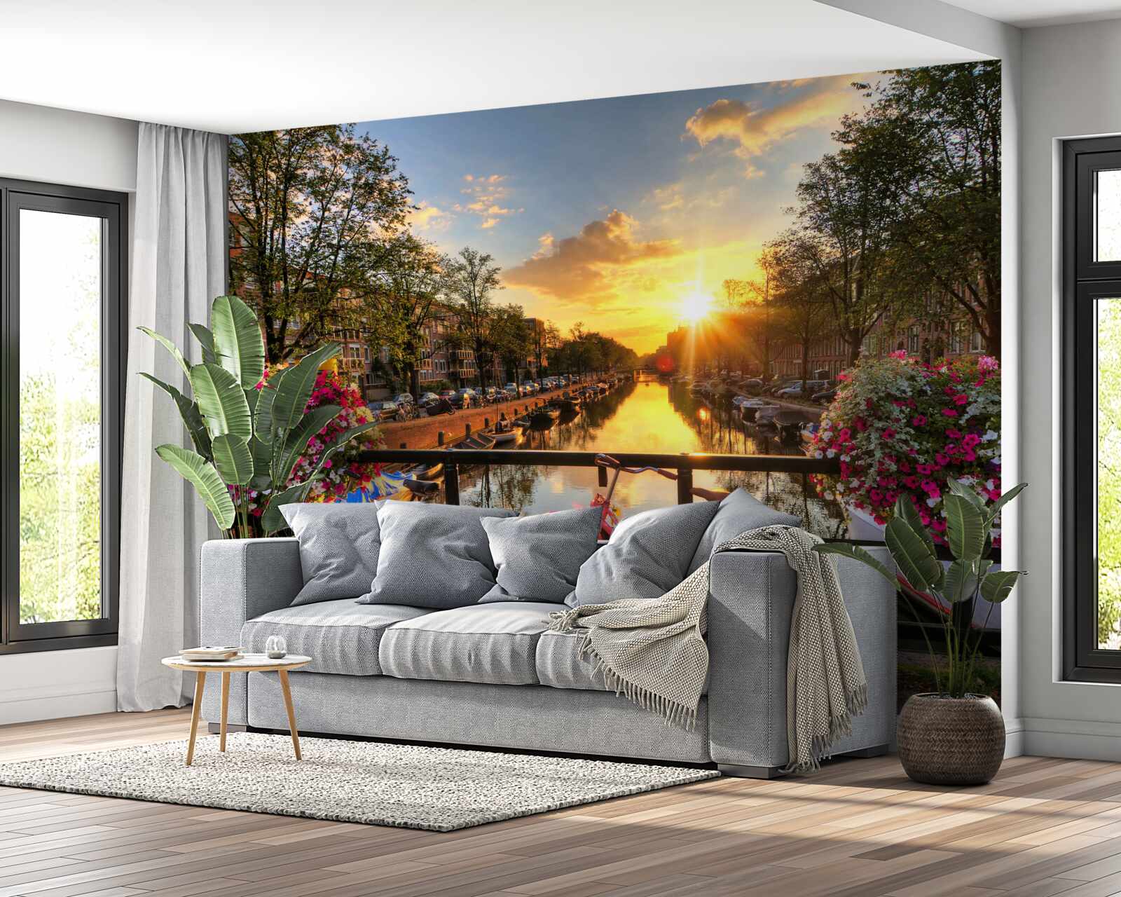 Papier peint coucher de soleil à amsterdam avec des vélos en arrière-plan