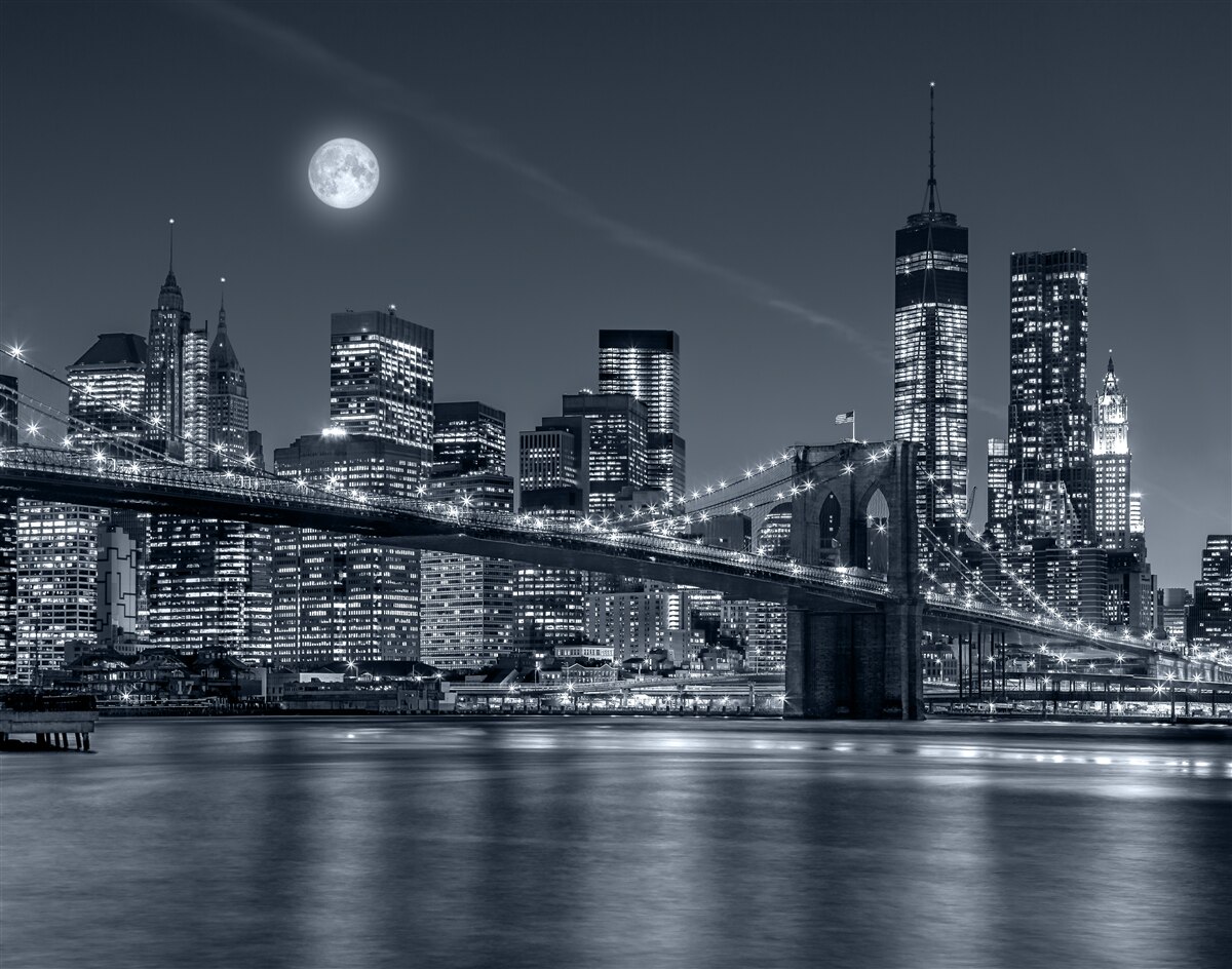 Papier peint noir et blanc new york à la lumière de la pleine lune