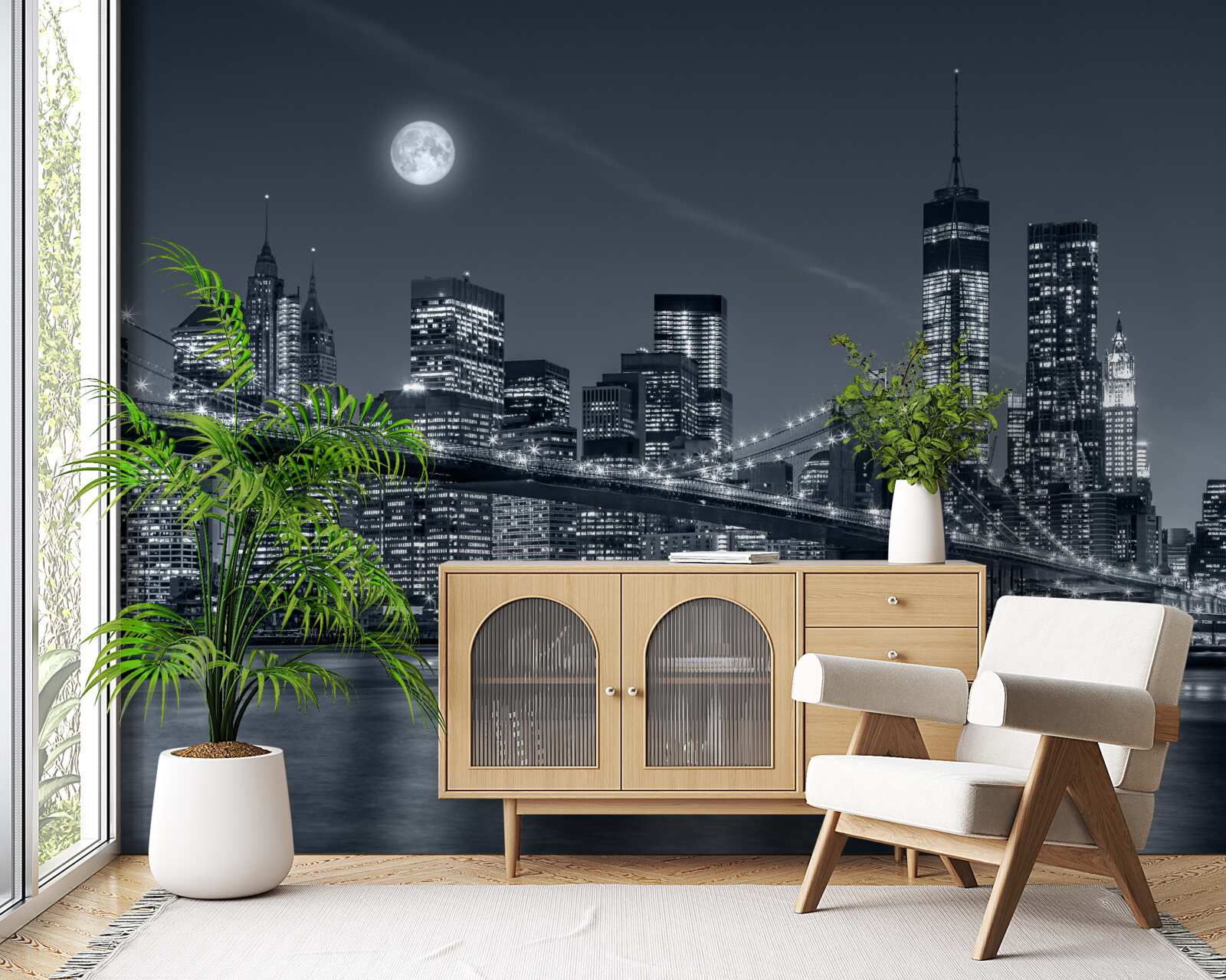 Papier peint noir et blanc new york à la lumière de la pleine lune
